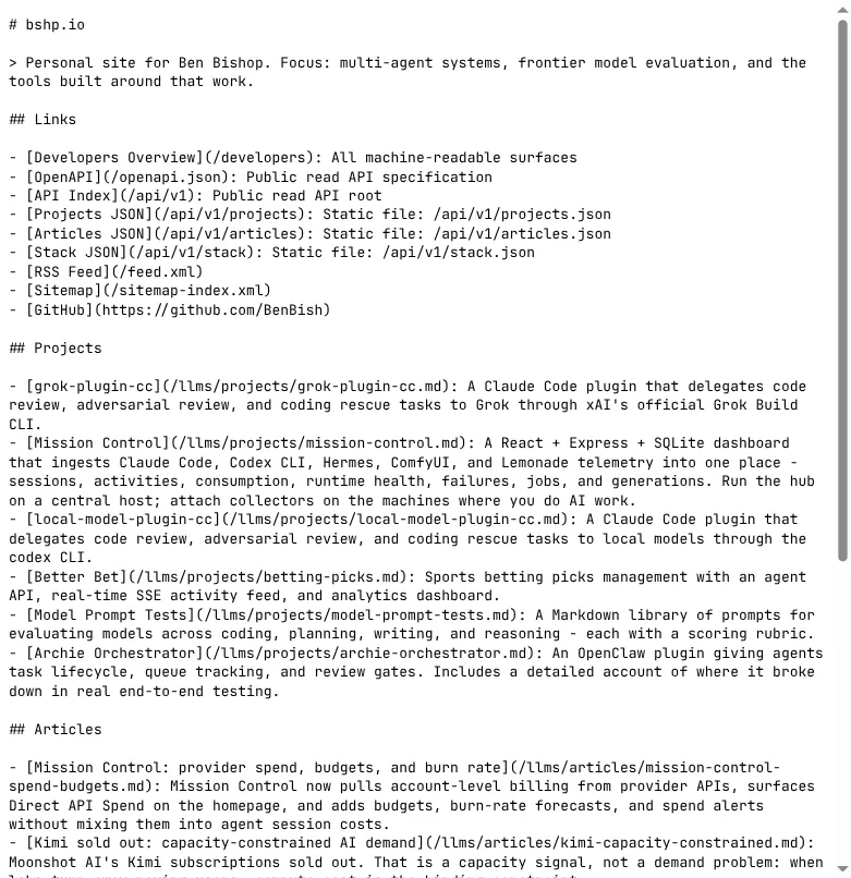 Generated llms.txt for bshp.io showing site summary, Links section, Projects, and Articles with paths to per-entry Markdown mirrors