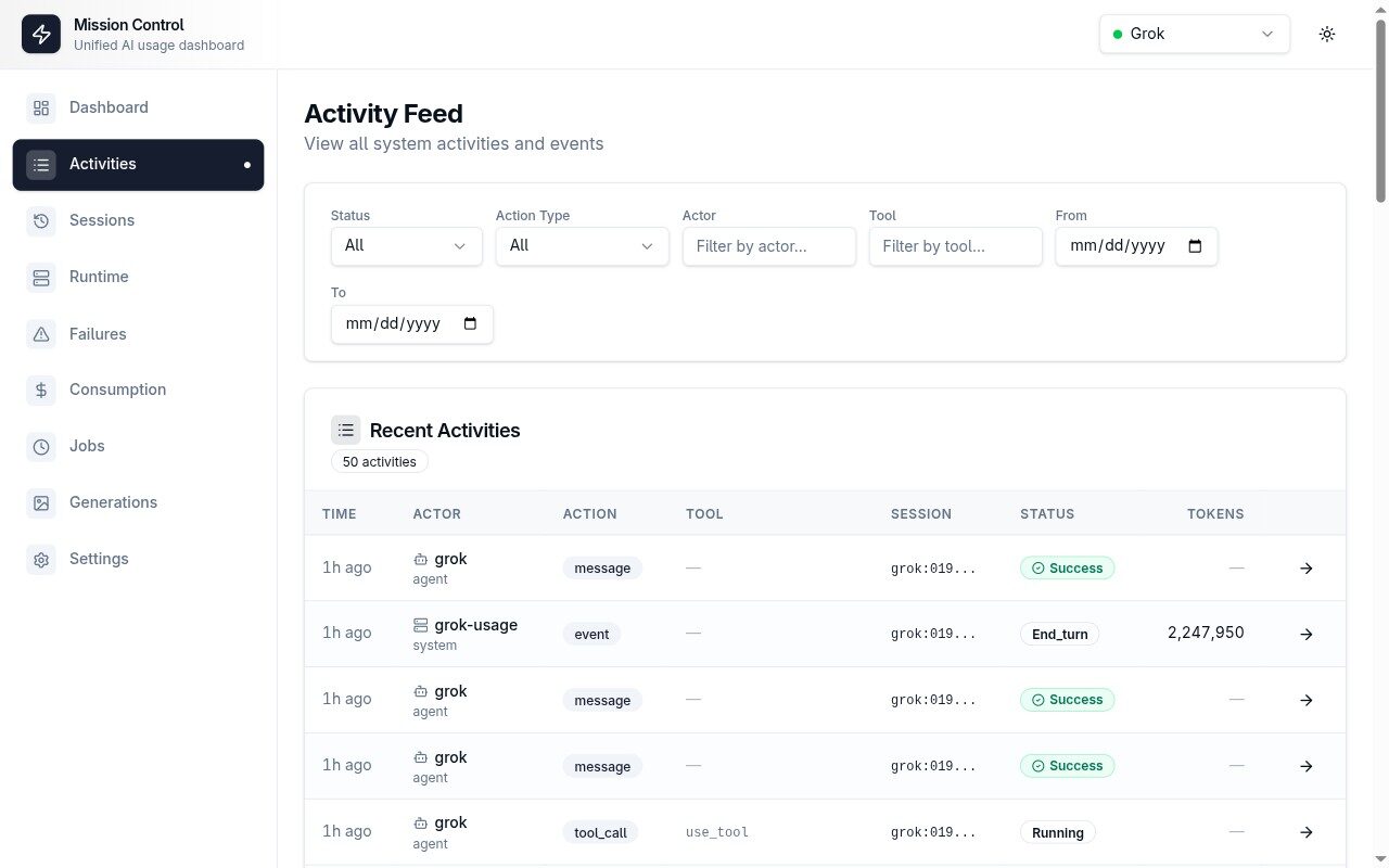 Activity feed filtered to Grok, with grok agent tool calls, messages, and usage events