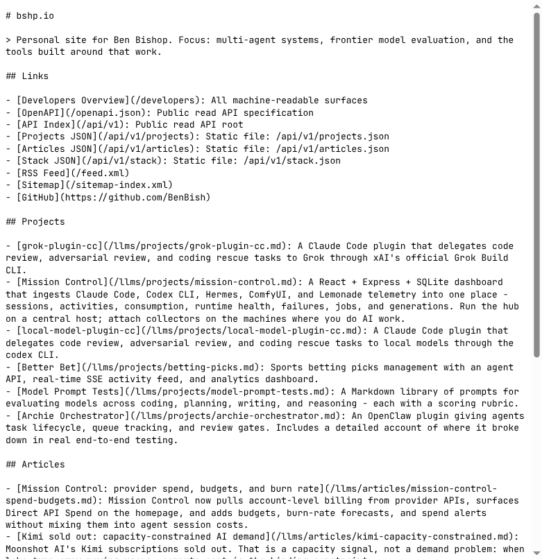 Generated llms.txt for bshp.io: H1 site name, blockquote description, Links section, then Projects and Articles with paths under /llms/