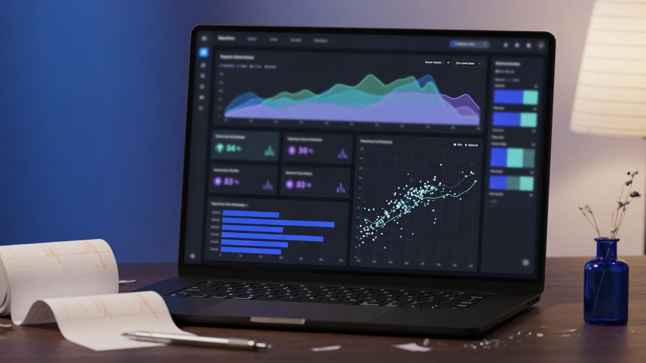 Original generated laptop analytics dashboard with cobalt ambient light