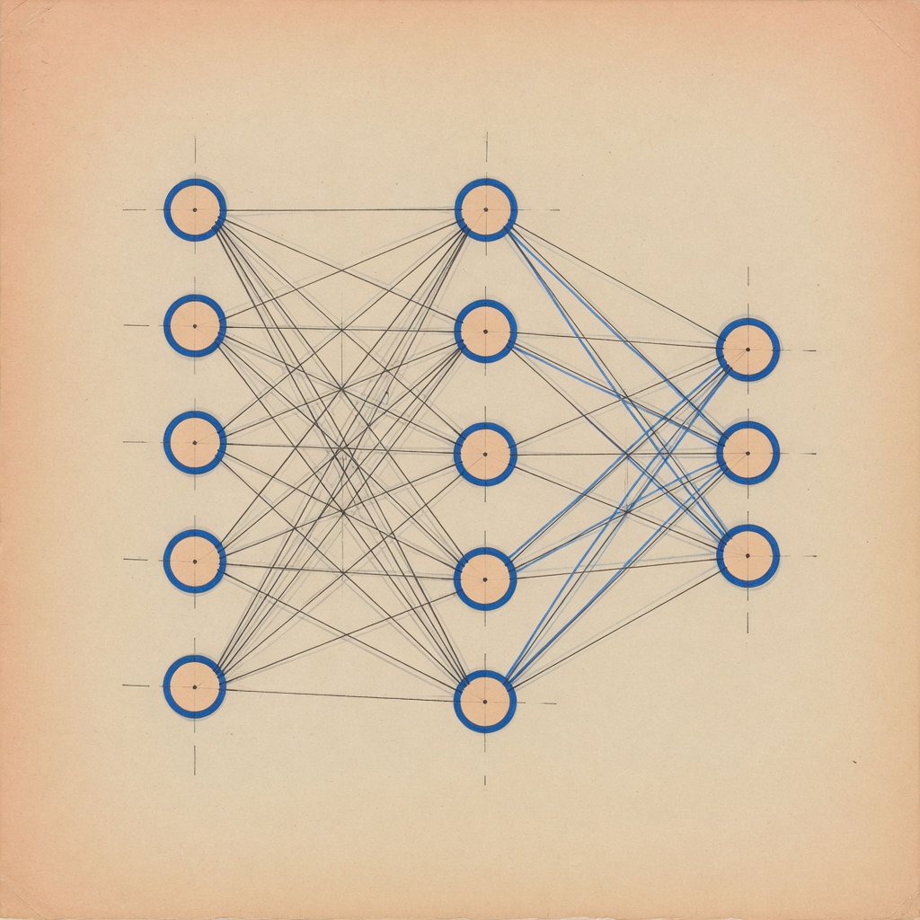 Original geometric neural-network illustration with cobalt rings