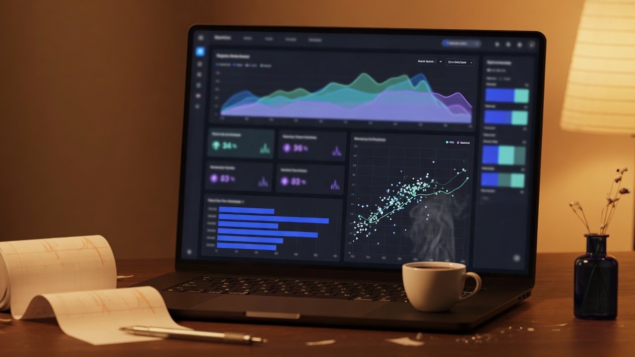 Edited laptop analytics dashboard with warm amber light and a white coffee cup